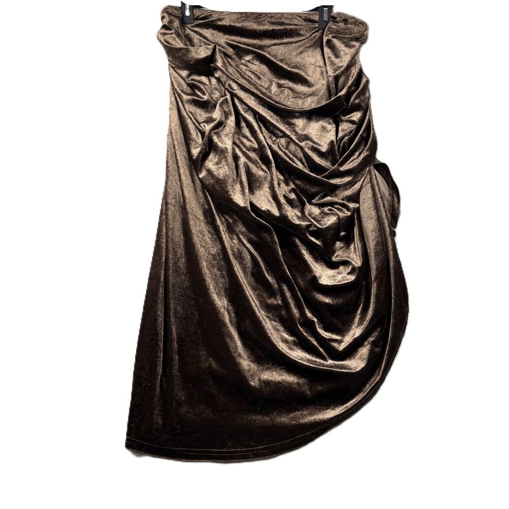 Pretty Little Thing NEW Velvet Ruched Side Midi Skirt Chocolate Brown Sz 14 J146